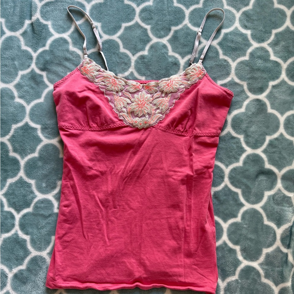American Eagle Pink Embroidered Lace-Trim Cami Tank Top
